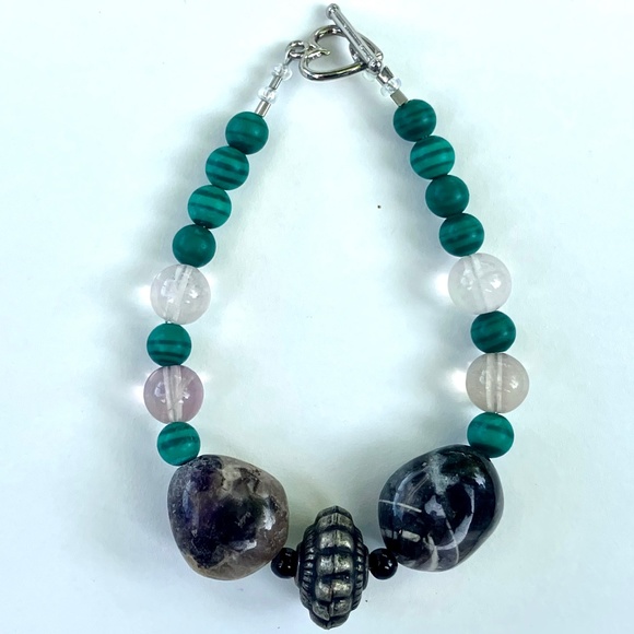 Dragonfly, Stone, and Faux Malachite Necklace, Bracelet, Clip-on Earring Set - Picture 5 of 11